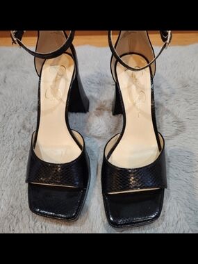Jessica Simpson Black Textured Block Heel Ankle Strap Sandals